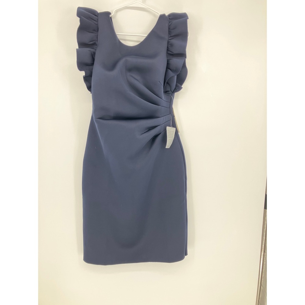 Eliza J Navy Blue Ruffle Shoulder Ruched Scuba Crepe Sheath Dress Size 14 NEW